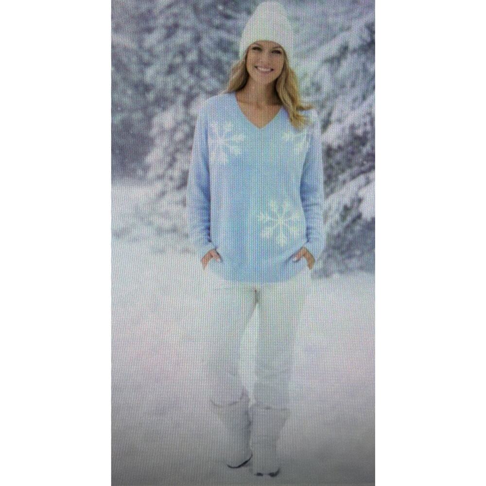 Laurie Felt Womens Sweater XS Cashmere Bld cottagecore Blue Snowflakes cozy